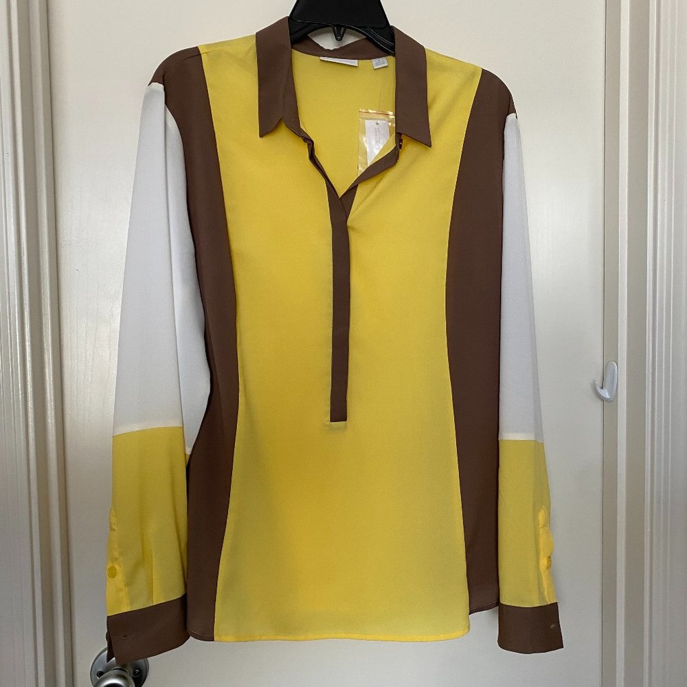 New York & Company Yellow/Brown/White Blouse